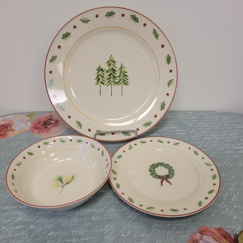 Merry Brite 3pc Xmas Dish Dinner & Salad Plates & Bowl Stoneware